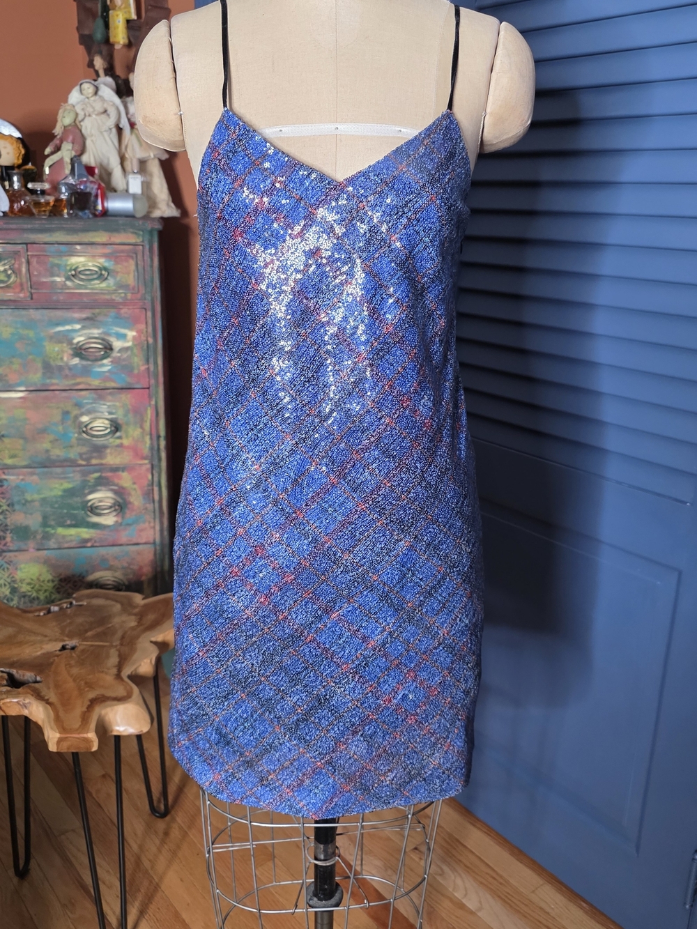 Tommy Hilfiger Blue Sequin Plaid Mini Slip Dress Size 2